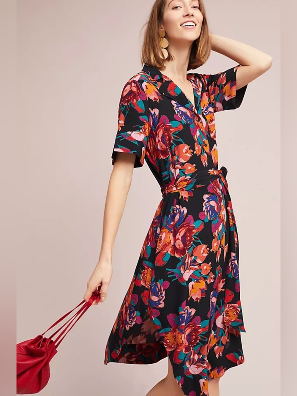 Maeve Fall Floral Button Shirt Dress with Belt & Pockets Sz S